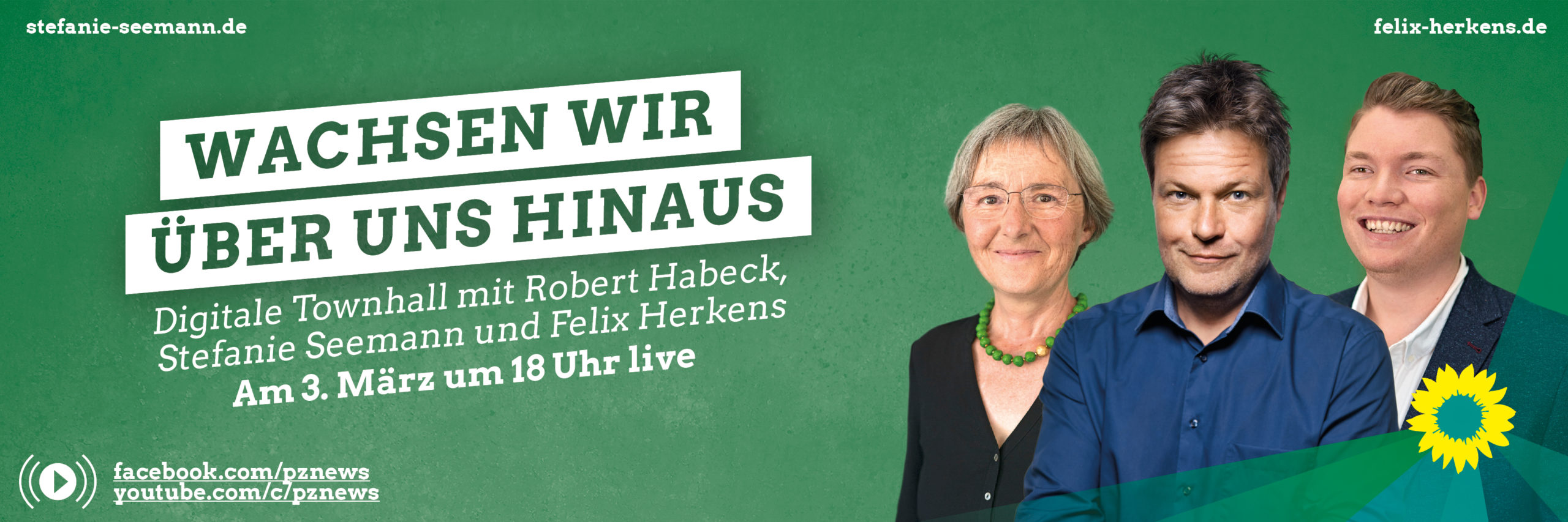 Banner_Habeck Wachsen wir über uns Hinaus. Digitale Townhall mit Robert Habeck, Stefanie Seemann und Felix Herkens im Kulturhaus Osterfeld. Live am 3. März um 18 Uhr auf facebook.com/pznews und youtube.com/c/pznews